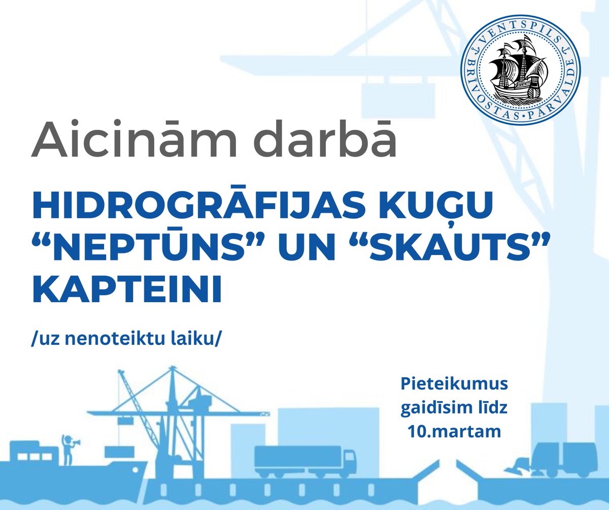 ⚓ Meklējam kapteini hidrogrāfijas kuģiem “Neptūns” un “Skauts”!
Vairāk informācijas un pieteikšanās: portofventspils.lv/lv/brivostas-p… 
#TeIrDarbs #VentspilsOsta #VentspilsBrīvosta #Ventspils