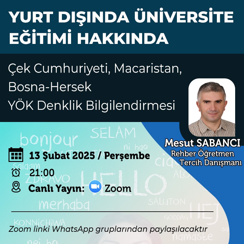 Arkadaşlar bu perşembe akşamı zoom üzerinden sizlerle YÖK denkliği, Çek Macaristan ve Bosna-Hersek gibi ülkelerde yurtdışı eğitimini konuşacağız. #yökdenklik #yurtdışıeğitim #yks2025  #ykstercih
