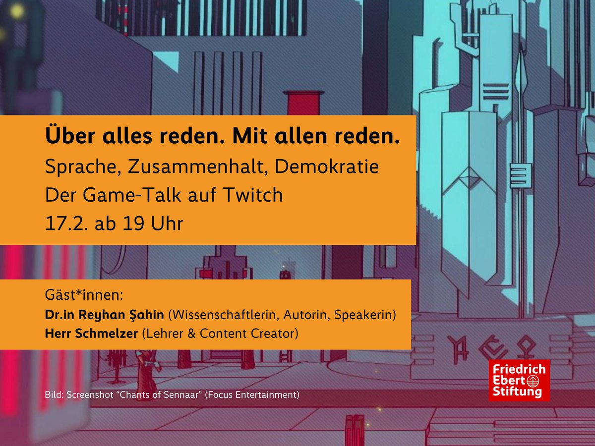 DigitalesLernen's tweet image. Game-Talk zu Sprache und Demokratie live am 17.2. ab 19 Uhr. @Lilischote (Speakerin | sie/ihr) lädt Dr. in Reyhan Şahin aka Lady Bitch Ray (Wissenschaftlerin, Autorin | sie/ihr) und Herrn Schmelzer (Content Creator und Lehrer | er/ihm) ein.
👉 twitch.tv/lilischote!
