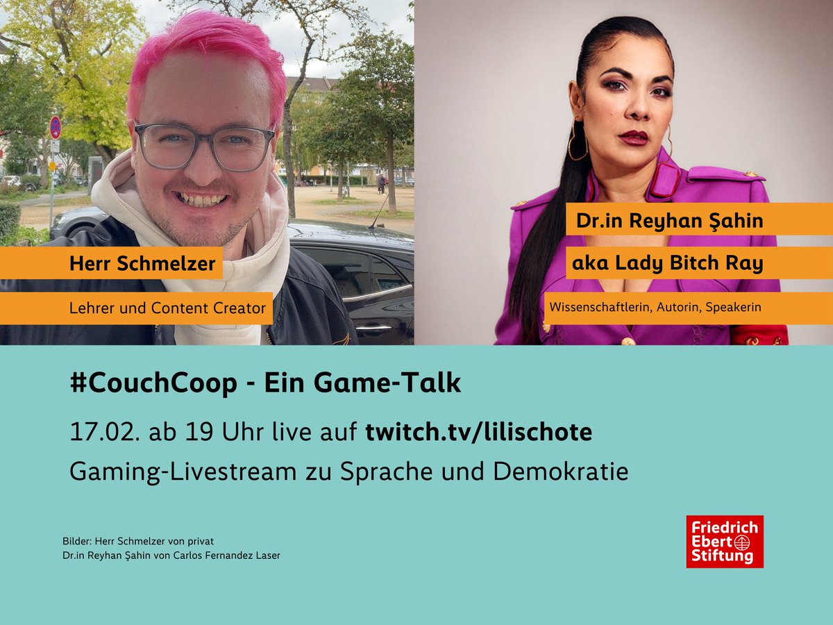 DigitalesLernen's tweet image. Game-Talk zu Sprache und Demokratie live am 17.2. ab 19 Uhr. @Lilischote (Speakerin | sie/ihr) lädt Dr. in Reyhan Şahin aka Lady Bitch Ray (Wissenschaftlerin, Autorin | sie/ihr) und Herrn Schmelzer (Content Creator und Lehrer | er/ihm) ein.
👉 twitch.tv/lilischote!