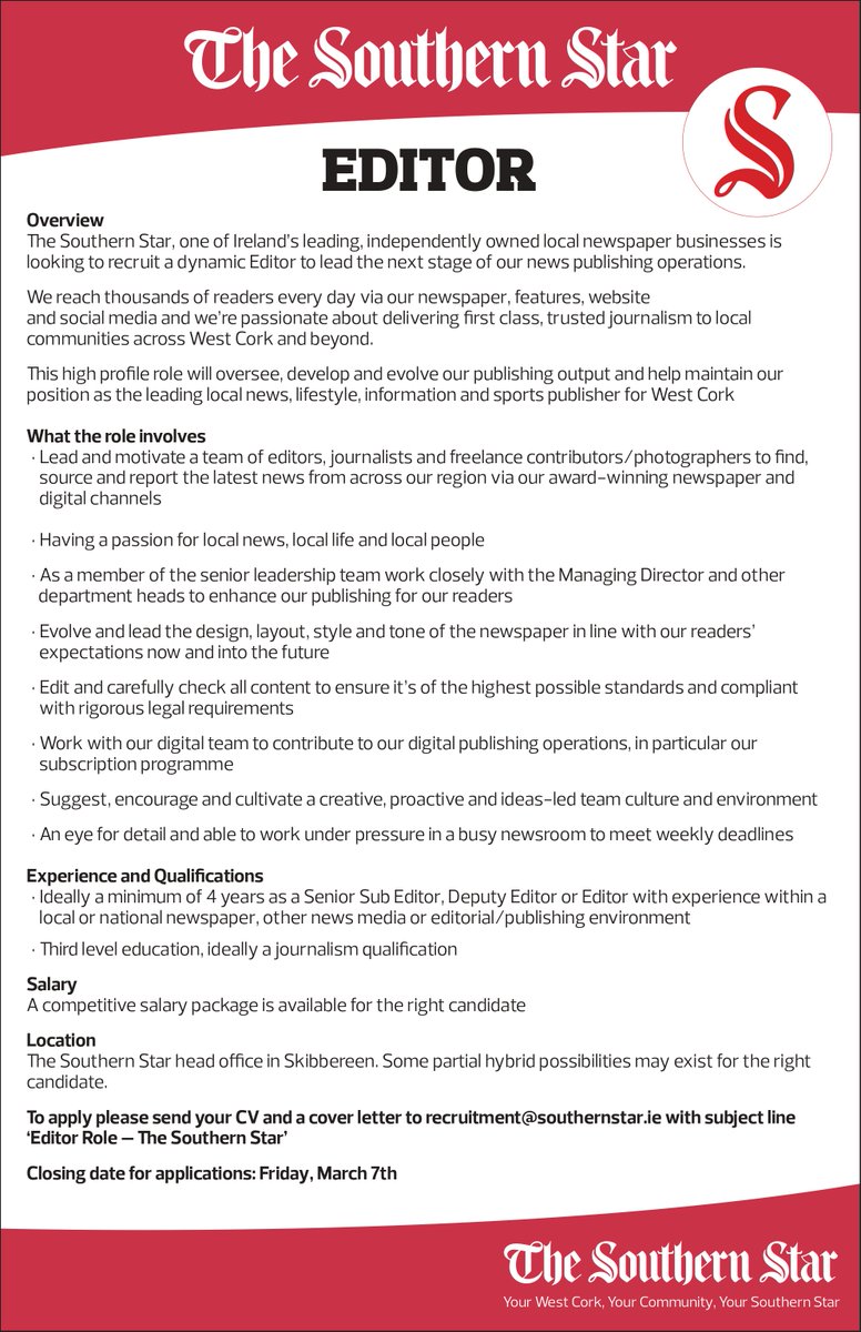 🚨 We're hiring!
An exciting, senior editorial vacancy has arisen at The Southern Star - we're looking to recruit a new Editor!

It's that rare chance to discover more about the magic of West Cork &amp; what makes this region so special.

More here about the role and how to apply ⤵️