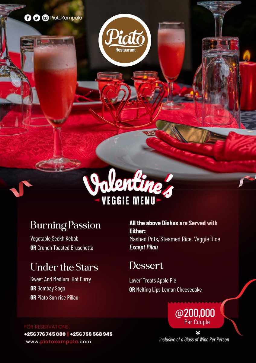 Love is on the menu at Piato 😍

Treat your special one to the experience of a lifetime and enjoy a full course meal, selected wines and our signature cocktails at only UGX 200k

📞📲 0776 745080/ 0776 745107 #PiatoKampala
#Centurionstrong