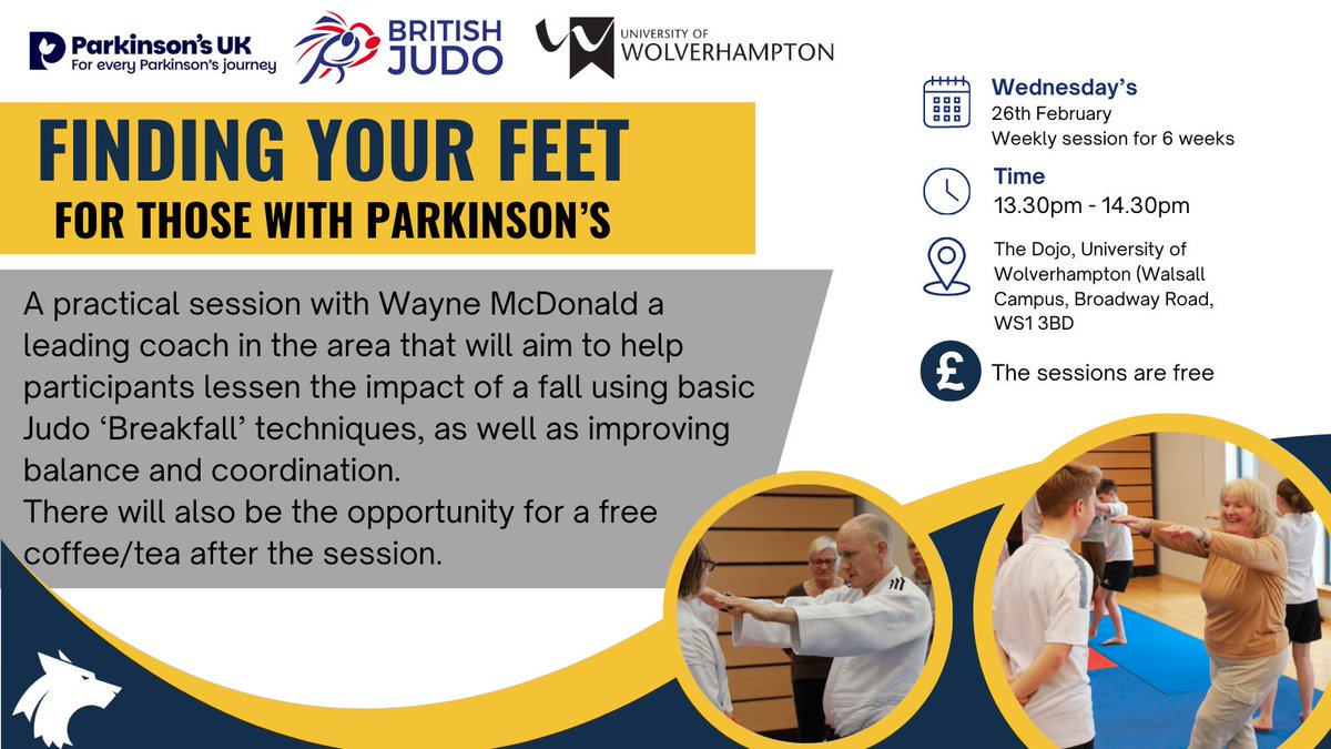WLV Sport (@wlv_sport) on Twitter photo At <a href="/wlv_uni/">University of Wolverhampton</a> we are working in partnership with <a href="/BritishJudo/">#WeAreGBJudo🇬🇧🥋</a> & <a href="/ParkinsonsUK/">Parkinson's UK</a> to deliver free courses with the aim of increasing confidence in movement & physical activity.
More information: britishjudo.org.uk/event/finding-… At <a href="/wlv_uni/">University of Wolverhampton</a> we are working in partnership with <a href="/BritishJudo/">#WeAreGBJudo🇬🇧🥋</a> & <a href="/ParkinsonsUK/">Parkinson's UK</a> to deliver free courses with the aim of increasing confidence in movement & physical activity.
More information: britishjudo.org.uk/event/finding-…