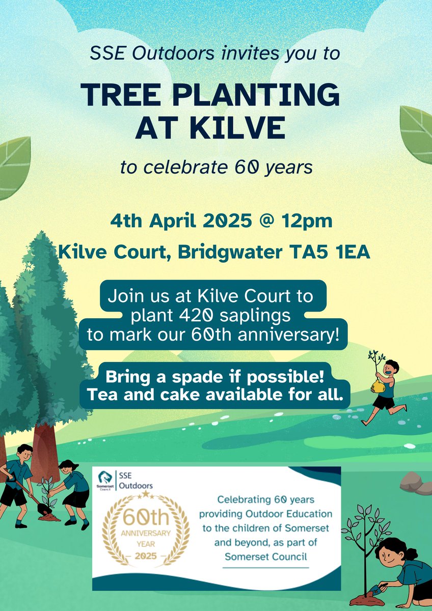 SSE OUTDOORS (@sseoutdoors) on Twitter photo Join us at Kilve Court on Friday 4th April 2025 helping us plant 420 saplings to mark 60 years of exceptional outdoor education delivery as part of Somerset Council!
There will be cake.
Bring a spade.
(…for the planting , not the cake!) #60years #somersetcouncil <a href="/SomersetCouncil/">Somerset Council</a> Join us at Kilve Court on Friday 4th April 2025 helping us plant 420 saplings to mark 60 years of exceptional outdoor education delivery as part of Somerset Council!
There will be cake.
Bring a spade.
(…for the planting , not the cake!) #60years #somersetcouncil <a href="/SomersetCouncil/">Somerset Council</a>