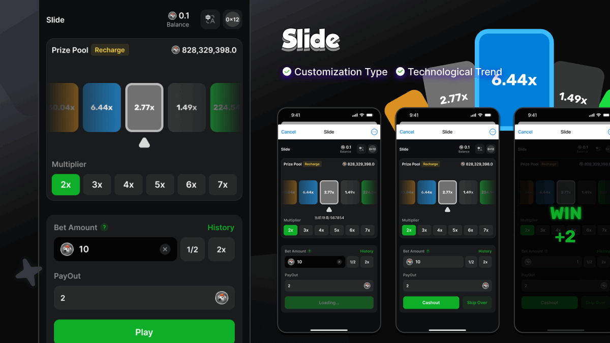 RuleOSEco's tweet photo. 💥The new Ruleos template "Slide" has been launched.
🎮Players choose the number of chips and predict the multiplier. If the generated multiplier is greater than or equal to the predicted multiplier, the players win and receive rewards.
👉Trial: https://t.co/ilot5uEvZF https://t.co/kaLtdHBsuo