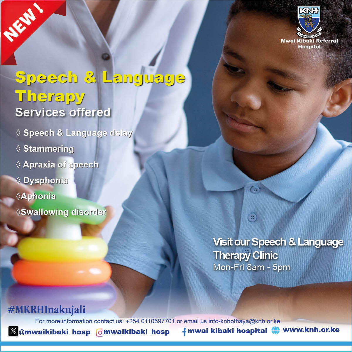 Exciting News! 🎉 
<a href="/Mwaikibaki_hosp/">Mwai Kibaki Referral Hospital</a> is now offering Speech &amp; Language Therapy!
Do you or a loved one struggle with speech difficulties?
Whether a child with delayed speech, a stroke survivor or someone with voice challenges, our speech &amp; Language Therapy clinic is here to help.