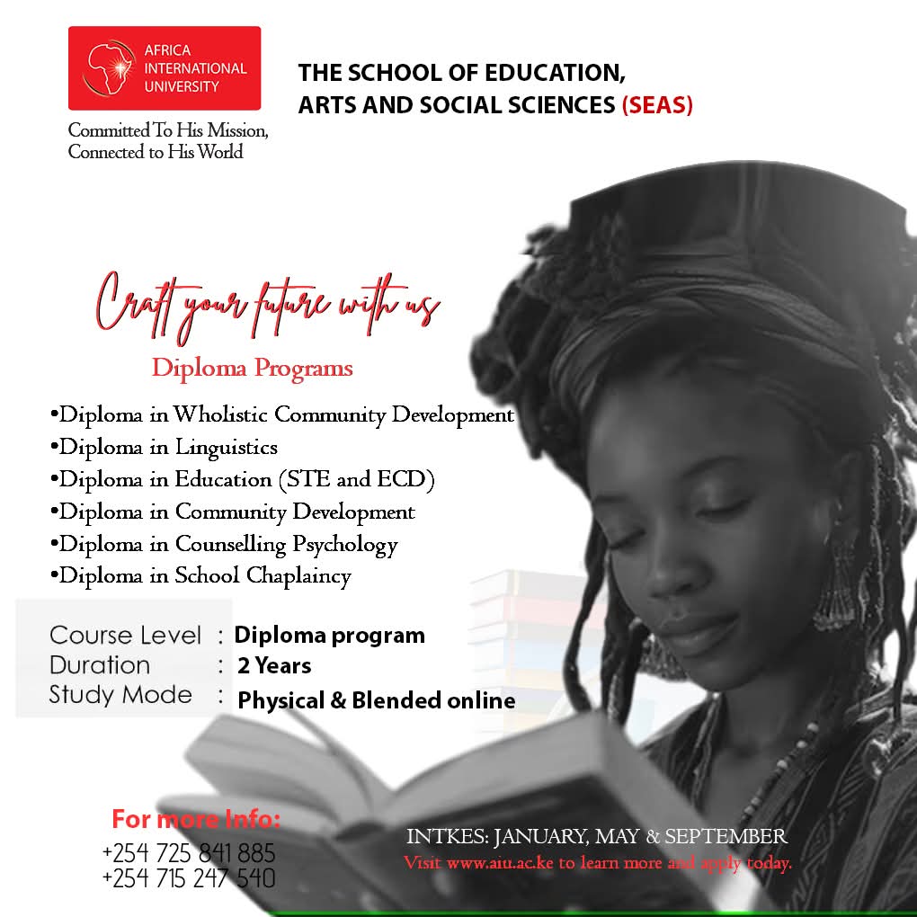 Looking to pursue a diploma in education, linguistics, psychology, or community development? At <a href="/AIU_uni/">Africa International University</a>  School of Education, Arts, and Social Sciences (SEAS) we offer diploma programs with flexible study modes (Physical &amp; Blended Online).
Apply now: seas.aiu.ac.ke