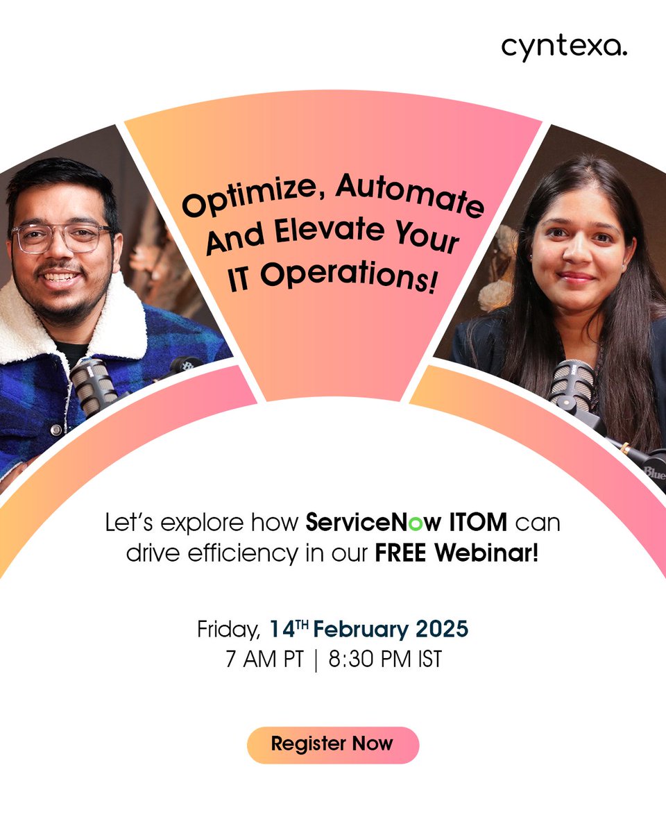 Struggling with IT Operations? We’ve Got You Covered! 

Join us for a FREE webinar on ServiceNow ITOM and discover how to optimize, automate, and elevate your IT operations effortlessly!

Don’t miss out—Register Now!
cyntexa.com/webinar/optimi…