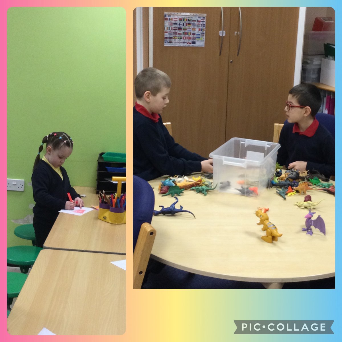 What a fabulous start to this wet Tuesday morning. The children read books and chatted, drew pictures, played card games, played with the dinosaurs, did a jigsaw and yellow zone even did some moving and stretching with Nicola.