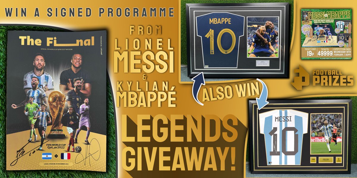 Football Prizes (@football_prizes) on Twitter photo π¨ GIVEAWAY π¨
Win a ticket for you and your friend into our Messi & Mbappe Competition!
With the chance to win a Dual Signed WC Programme & other huge prizes!
footballprizes.co.uk/product/messi-β¦
To enter:
1) Follow: <a href="/football_prizes/">Football Prizes</a>
2) Like this post
3) Retweet
4) Tag a friend
#Messi π¨ GIVEAWAY π¨
Win a ticket for you and your friend into our Messi & Mbappe Competition!
With the chance to win a Dual Signed WC Programme & other huge prizes!
footballprizes.co.uk/product/messi-β¦
To enter:
1) Follow: <a href="/football_prizes/">Football Prizes</a>
2) Like this post
3) Retweet
4) Tag a friend
#Messi