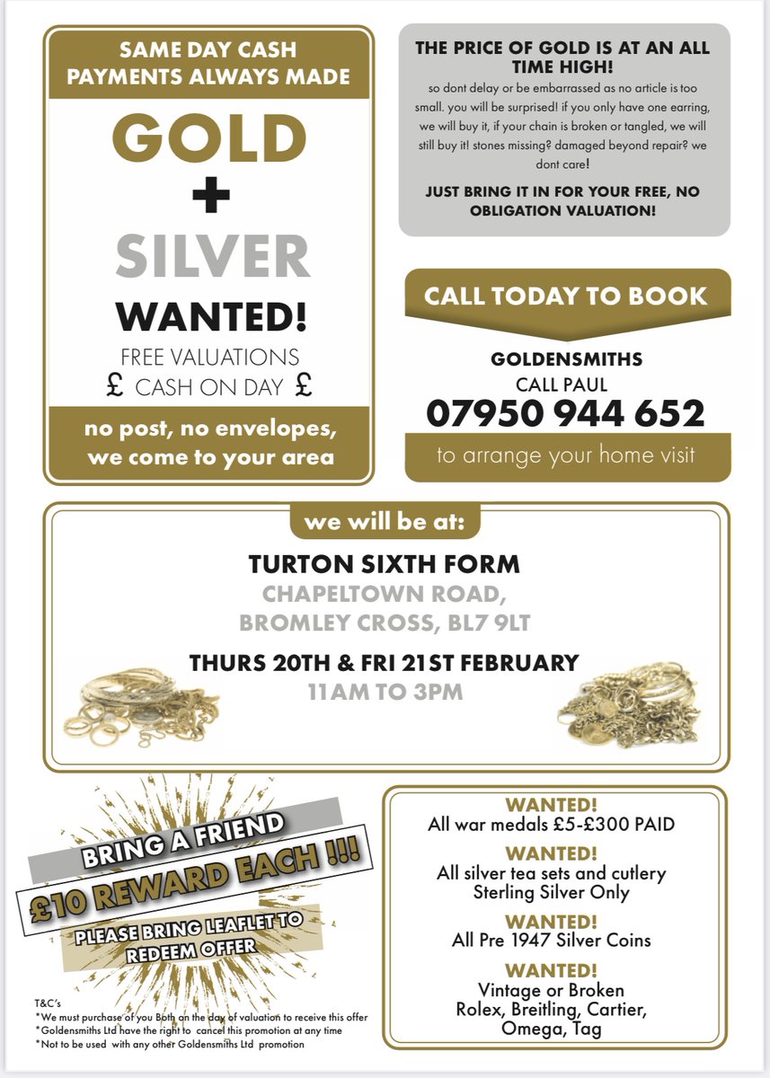 We have a company hiring a room in the sixth form next Thursday and Friday to offer valuation for gold and silver items...