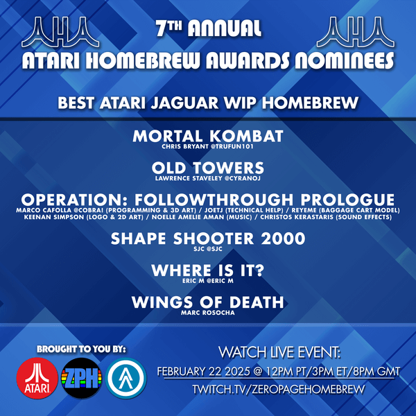 Tha duais-ainmeachaidh air Opairèisean: Followthrough! Tha e ag ainmeachadh airson an roinn-seòrsa WIP Homebrew Jaguar air na Atari Homebrew Awards!

Tha na h-uile ainmeachaidhean an-seo: forums.atariage.com/topic/379188-7…

#indiedevhour #atarijaguar #Gàidhlig