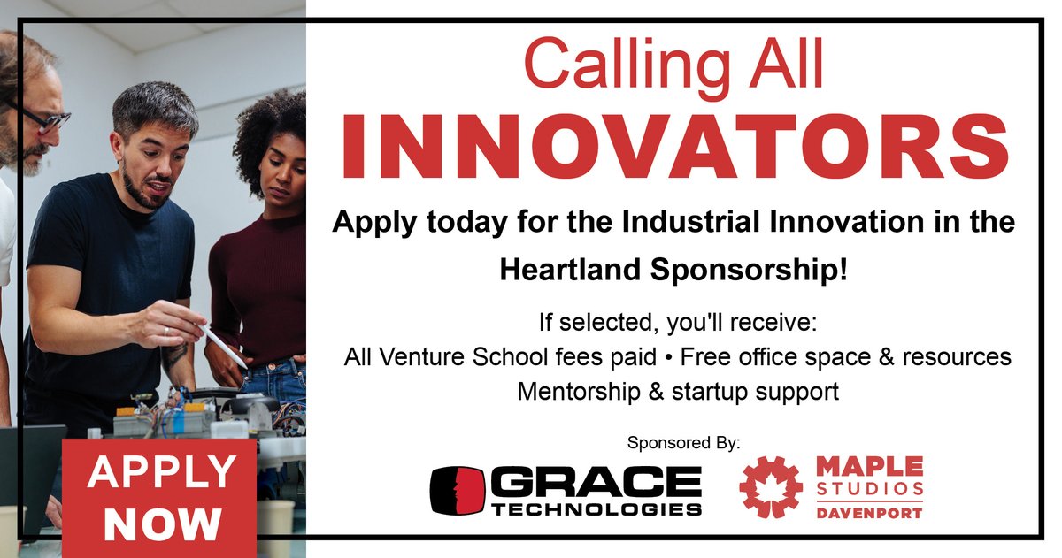 MapleStudiosDSM's tweet image. Building an industrial tech startup in Eastern Iowa?

@GraceTechIA  &amp;amp; Maple Studios Davenport are sponsoring two teams for @IowaJPEC Venture School in the Quad Cities.

Get your fees covered plus office space, prototyping, mentorship, and more.

Apply now: maplestudios.com/industrial-hea…
