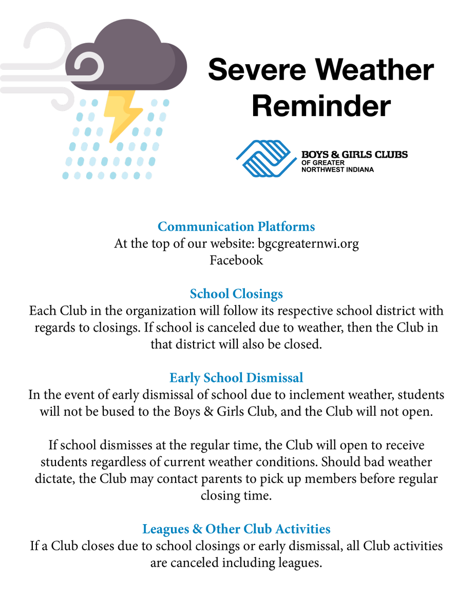 REMINDER: Severe Weather Policy
As winter weather approaches, we want to remind everyone about our severe weather policy, particularly early dismissals.