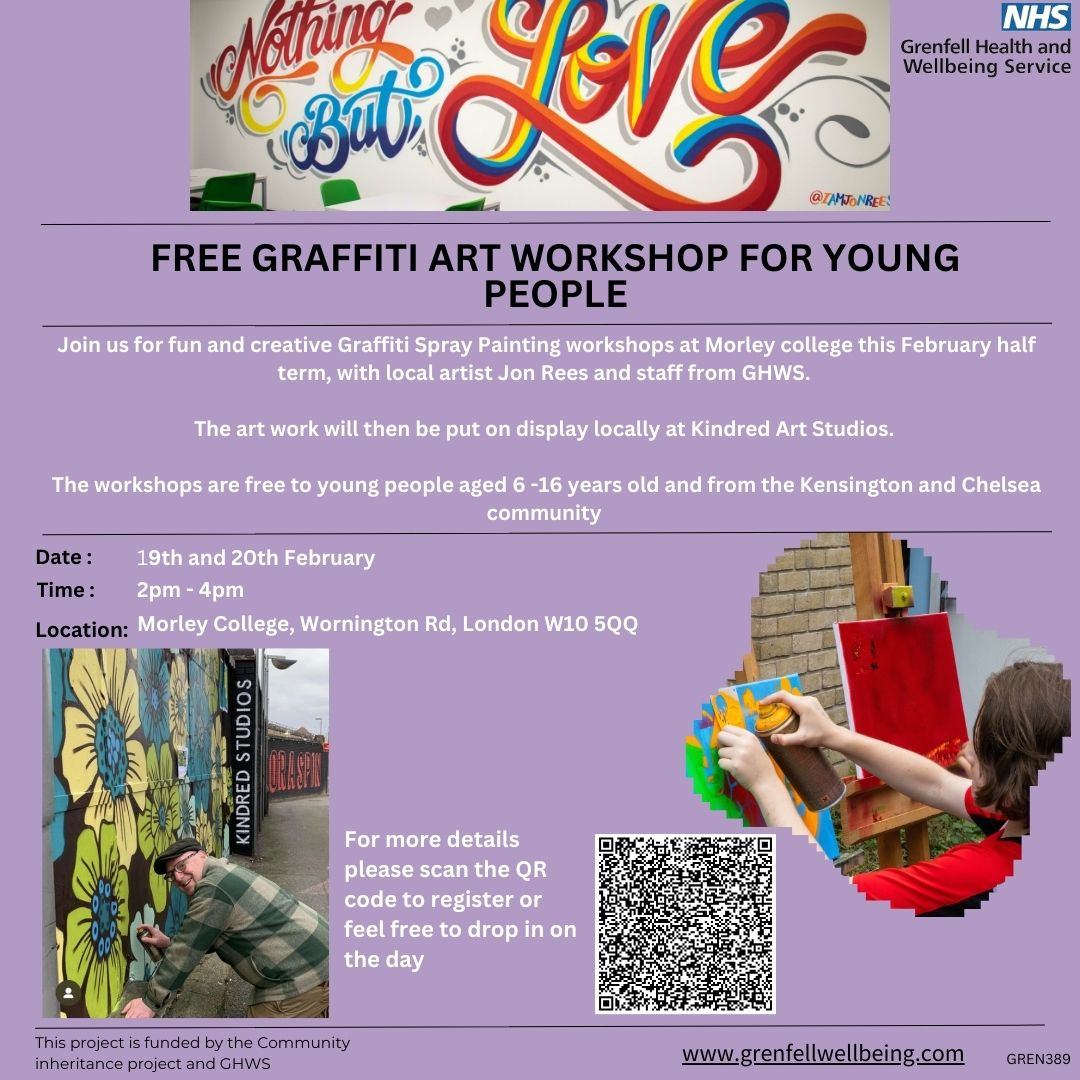 A reminder of our  fun and creative Graffiti Spray Painting workshops at Morley college this February half term, with local artist Jon Rees and staff from GHWS.  
The workshops are free to young people aged 6 -16 years old and from the Kensington &amp; Chelsea community  💚