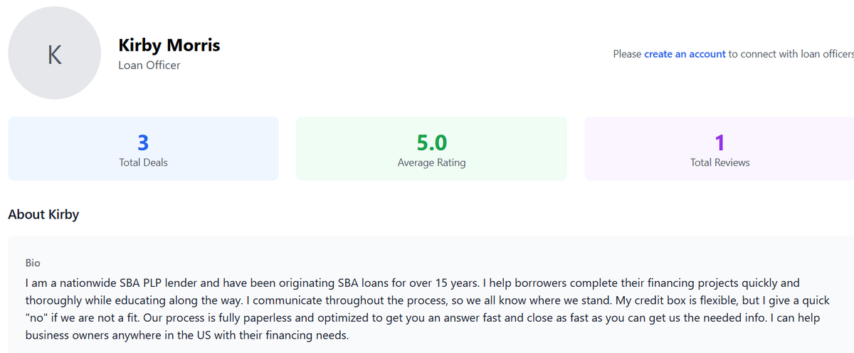 markbdelaney's tweet photo. ATTENTION SBA BORROWERS AND LENDERS: 

Today we (@Jake_potter35 and another) are hitting send on a platform to democratize data on SBA loans.  

sbalenders(dot)co 

What does it do? 

1. Gives you stats on top lenders, direct from the SBA

For example, you can see that while Chase issued about the same loan volume as First Internet Bank (147 to 193 loans) FIB had 2.5x the total volume ($438 m to $169) 

Or that GBank did 83 loans (69% of total count) for hotels and motels.  Clearly- they have a niche. 

Where is this data coming from?  

Directly from the SBA.  

2. Let borrowers see what individual lenders did 

I know this may be a surprise, but not everyone is active on X and LinkedIn (shocker, I know) 

There are deals that happen you may never heard of.  

Take this from Blake Cranor at Live Oak: 

If you are curious, you can access this deal and others within 2 clicks from our landing page- all without making an account.  

3. Connect with individual loan officers 

Ok, yeah, you can do this elsewhere also.  

Here's where we are different: 

Loan officers are building profiles on here.  They can add deal details to highlight what they have been able to get across the line.  

Here's my man Kirby from Acclivity: 

It's huge for loan officers to showcase themselves to borrowers. 

Loan officers have LOVED this.  

They also love that borrowers can leave them reviews.  

Yes reviews.  

Future and vision

First- how we make money. 

Answer: as a loan broker.  

Loan officers see our vision to have a data-driven product to match lenders and borrowers and want in.  They are happy to pay us a fee on closing for borrowers we drive them.  

This current version isn't perfect.  We know.  It's got some work to be done.  But we have something good enough and wanted to ship.  

We have plans to use this to gather a lot more information both on borrowers and lenders.  

We can ask questions about a borrower's personal finances, industry experience, and get details about their deal to align with the right bank.  

Banks, on the flip side, will be able to adjust their preferences for different industries, credit box, and other factors.  

All to save everyone time and get the best match to make the best deal happen. 

If you are a lender- we invite you to come on board and make a profile.  Your competition already is.  

If you are a borrower- create a profile.  It's free.  Explore the data and reach out to me.  I am seriously dying to know what we can add to make this a killer product for you.  

Stay tuned.
