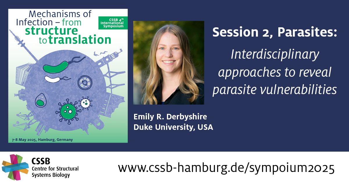 CSSB (@cssbhamburg) on Twitter photo The second session of our symposium is "Parasites".
Emily Derbyshire's <a href="/DerbyLabDuke/">Derbyshire Lab @ Duke</a> talk entitled "Interdisciplinary approaches to reveal parasite vulnerabilities" will start the session.
Register by April 8: t1p.de/gztmj The second session of our symposium is "Parasites".
Emily Derbyshire's <a href="/DerbyLabDuke/">Derbyshire Lab @ Duke</a> talk entitled "Interdisciplinary approaches to reveal parasite vulnerabilities" will start the session.
Register by April 8: t1p.de/gztmj
