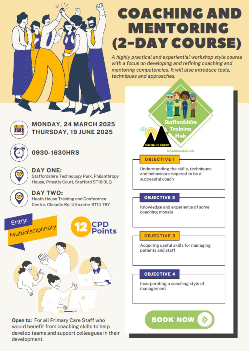 Staffordshire Training Hub in collaboration with Scaling the Heights presents their Coaching and Mentoring (2-Day Course) on Monday, 24 March 2025 and Thursday, 19 June 2025 at 0930-1630Hrs.
See below for details and follow the link to book your place now:
medtribe.com/courses/coachi…