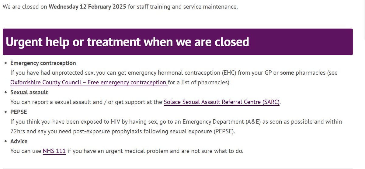 OxSexualHealth's tweet photo. Our services are closed tomorrow for staff training and essential maintenance, please see attached image for details for urgent help and treatment. https://t.co/Od1wrjTzJE