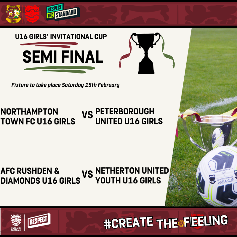NorthantsFA's tweet photo. More County Cup action this weekend! 🏅⚽
We see the Girls Invitational Cup semi finals across the U16, U14 and U12 age groups this Saturday ⚽
On Sunday the Women's cup Quarter Final takes place 🏆
#Createthefeeling #ourpathways https://t.co/BD8Rkrzm3B