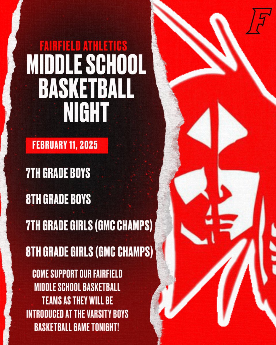Join us TONIGHT (Feb. 11) for Fairfield Middle School Basketball Night at the Varsity Boys game! 🏀 Our teams will be introduced at the high school—come show your support!

Shoutout again to our 7th &amp; 8th Grade Girls—GMC CHAMPS! 🏆🔥

#OneTribe #FairfieldPride