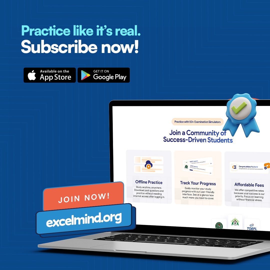 joinexcelmind's tweet image. ✅ No surprises. ✅ No panic. ✅ Just confidence.

Students using mock exams score 35% higher on their actual tests. 

Want to be one of them?

Practice like it’s real. Signup now! 

#AIExamPrep #MockExams #ExcelMind #ICAN #IELTS #JAMB #SAT