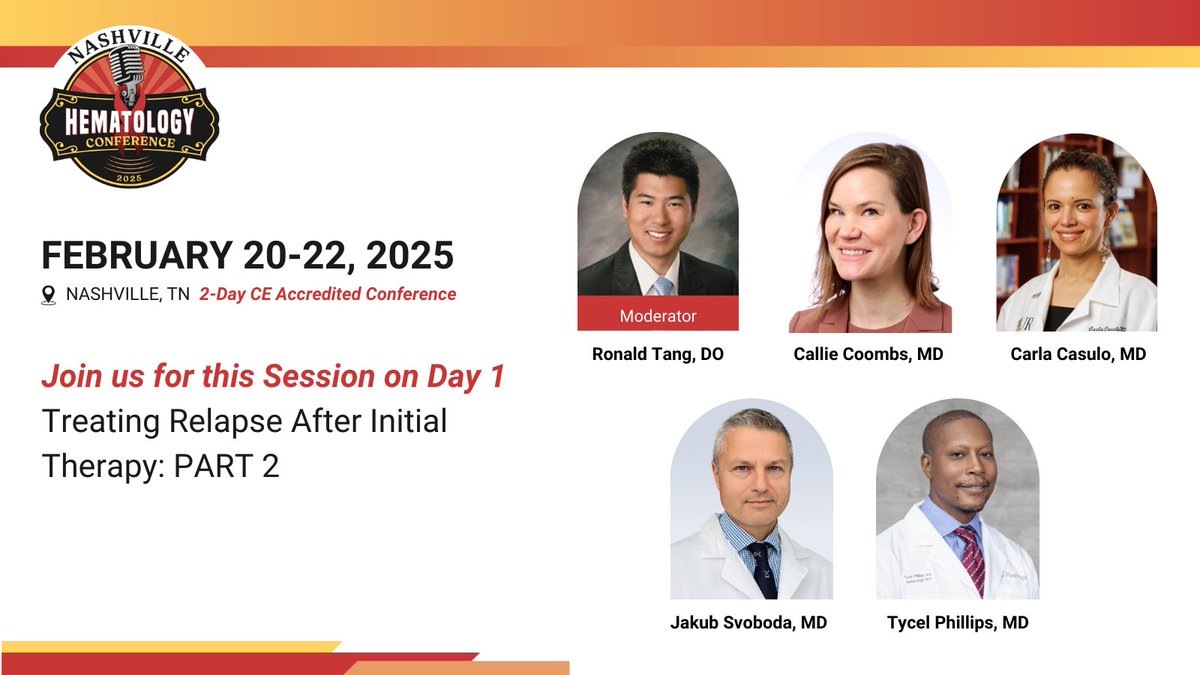 Nashville Hematology Conference (@nashvilleheme) on Twitter photo "Treating Relapse After Initial Therapy: PART 2" is a must-attend session at #NashvilleHeme25! Moderated by Dr. Ronald Tang, this session will feature expert insights from Drs. <a href="/calliecoombsmd/">calliecoombs</a>, <a href="/DrCarlaCasulo/">Carla Casulo, MD</a>, Jakub Svoboda, and Tycel Phillips (<a href="/LymphClinician/">Tycel Phillips</a>) as they dive into "Treating Relapse After Initial Therapy: PART 2" is a must-attend session at #NashvilleHeme25! Moderated by Dr. Ronald Tang, this session will feature expert insights from Drs. <a href="/calliecoombsmd/">calliecoombs</a>, <a href="/DrCarlaCasulo/">Carla Casulo, MD</a>, Jakub Svoboda, and Tycel Phillips (<a href="/LymphClinician/">Tycel Phillips</a>) as they dive into