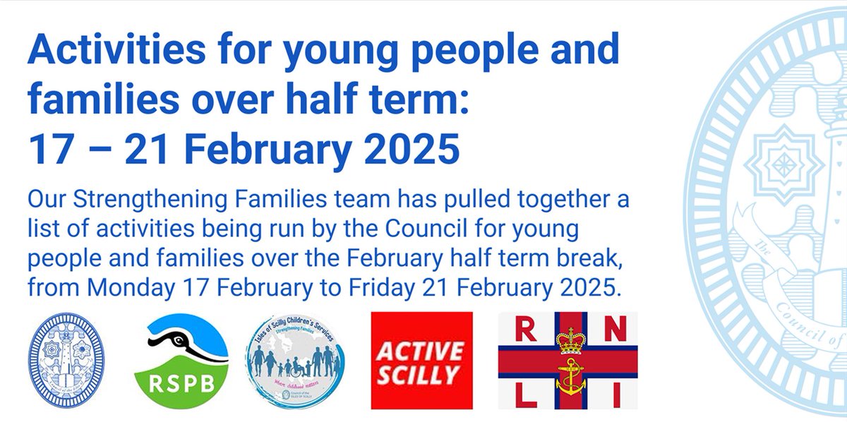 We've summarised the activities being run by the Council for young people and families over half term. The activities will take place from Mon 17 to Fri 21 Feb 2025 - and some of them are free! Find full details and book now at the following link: scilly.gov.uk/news/activitie…