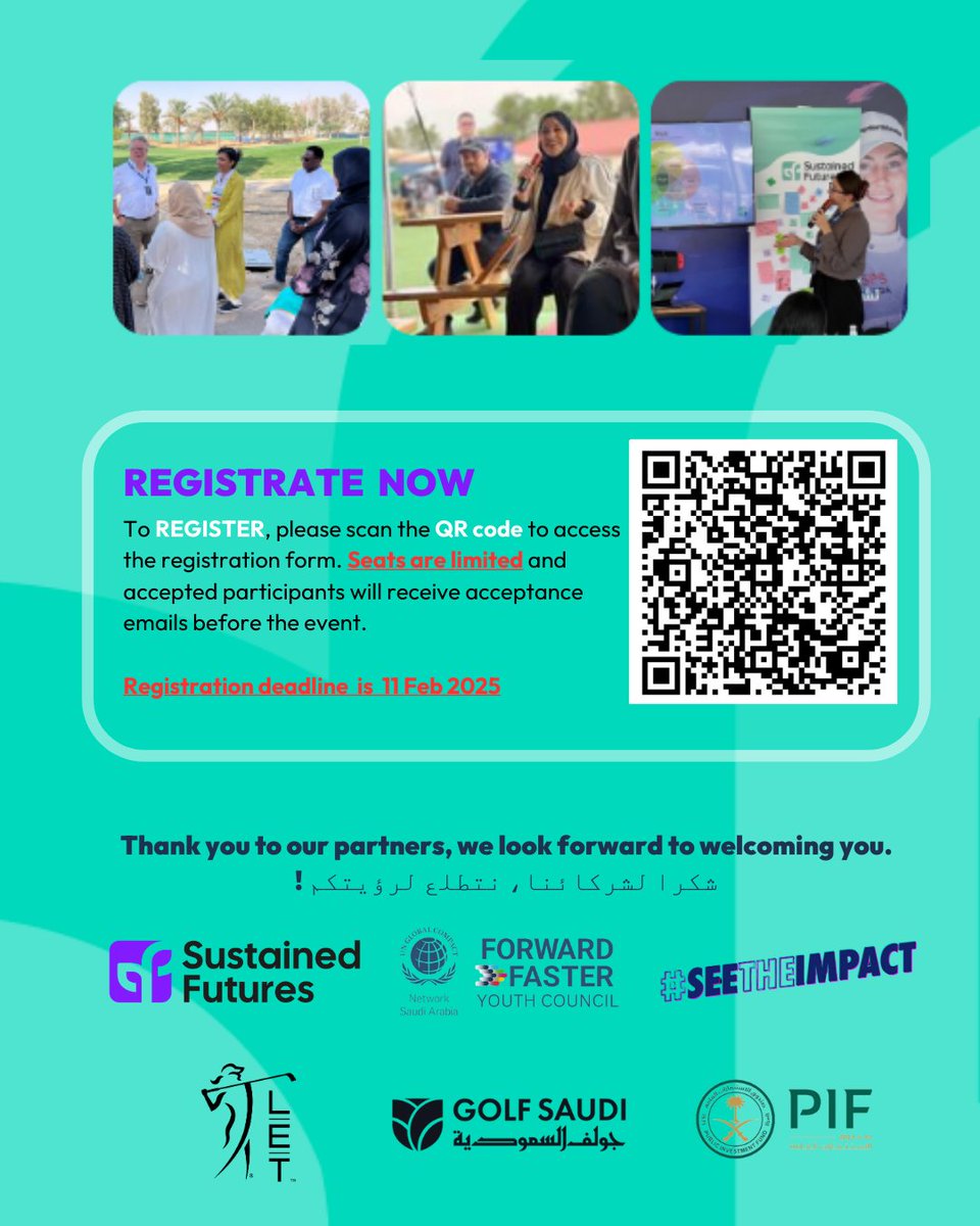 TO All RIYADH GIRLS LAST CHANCE TO REGISTER🔥!

📅 Date: Thursday, 13 Feb OR Friday, 14 Feb 2025
📍 Location: Riyadh Golf Club
🚍 Free transportation provided

📢 Register now via the link or scan the QR code in the attachment! 🏃‍♀️💨
🔗 Register here: forms.office.com/Pages/Response…