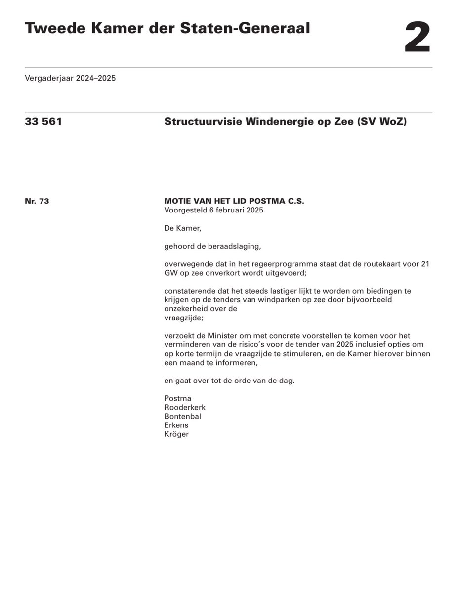 suusonline's tweet photo. Fijn! Ook deze motie van @Wytske_Postma over het verminderen van de risico's voor de tender voor wind op zee van 2025, is AANGENOMEN!
#RES #WindOpZee #NSC #TweedeKamer https://t.co/6NgPFfZNYX