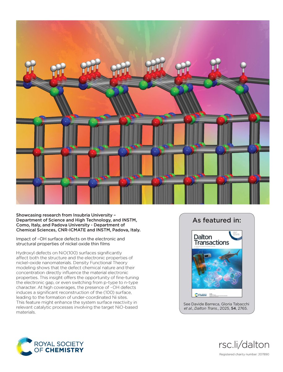 DaltonTransactions (@daltontrans) on Twitter photo 🔓On the back cover is #OpenAccess work by Davide Barreca, Gloria Tabacchi and colleagues on the impact of –OH surface defects on the electronic and structural properties of nickel oxide thin films👏
pubs.rsc.org/en/content/art…
📍<a href="/UniPadova/">Università di Padova</a> <a href="/Uni_Insubria/">Uninsubria</a> 🔓On the back cover is #OpenAccess work by Davide Barreca, Gloria Tabacchi and colleagues on the impact of –OH surface defects on the electronic and structural properties of nickel oxide thin films👏
pubs.rsc.org/en/content/art…
📍<a href="/UniPadova/">Università di Padova</a> <a href="/Uni_Insubria/">Uninsubria</a>