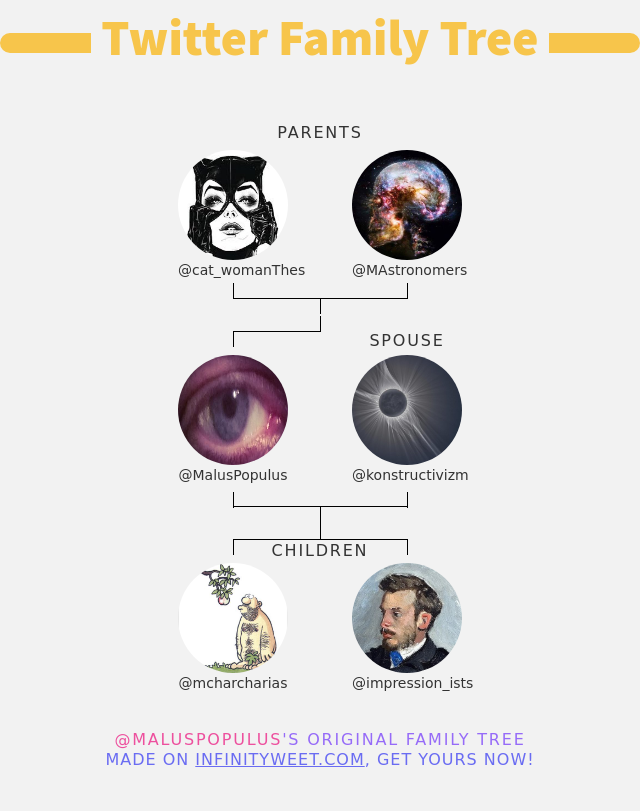👨‍👩‍👧‍👦 My Twitter Family:
👫 Parents: <a href="/cat_womanThes/">cAtWoMaN 🍉</a> <a href="/MAstronomers/">Curiosity</a>
👰 Spouse: <a href="/konstructivizm/">Black Hole</a>
👶 Children: <a href="/mcharcharias/">Μικροκαρχαρίας</a> <a href="/impression_ists/">Impressions</a>

➡️ infinityweet.me/family-tree