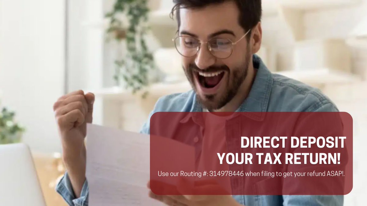 gulfcoastfcu's tweet image. Why wait? Direct deposit gets your refund quickly, safely, and hassle-free straight to your GCFCU account! 

📷 Use our Routing #: 314978446 when filing to get your refund ASAP!

#TaxRefund #FastMoney #DirectDeposit #GCFCUCares #TaxSeason

See less