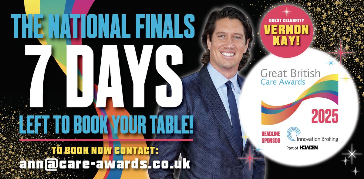 🌟 Final Countdown! Only 7 Days Left to Book! 🌟

Join us for an unforgettable night at the Great British Care Awards, co-hosted by Vernon Kay &amp; Steve Walls! 🎤✨

🗓️ Date: 14th March 2025
📍 Location: The ICC Birmingham
Last chance to secure your spot at the biggest celebration