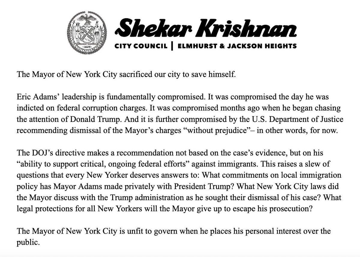 Eric Adams’ leadership is fundamentally compromised. The Mayor of New York City is unfit to govern when he places his personal interest over the public.