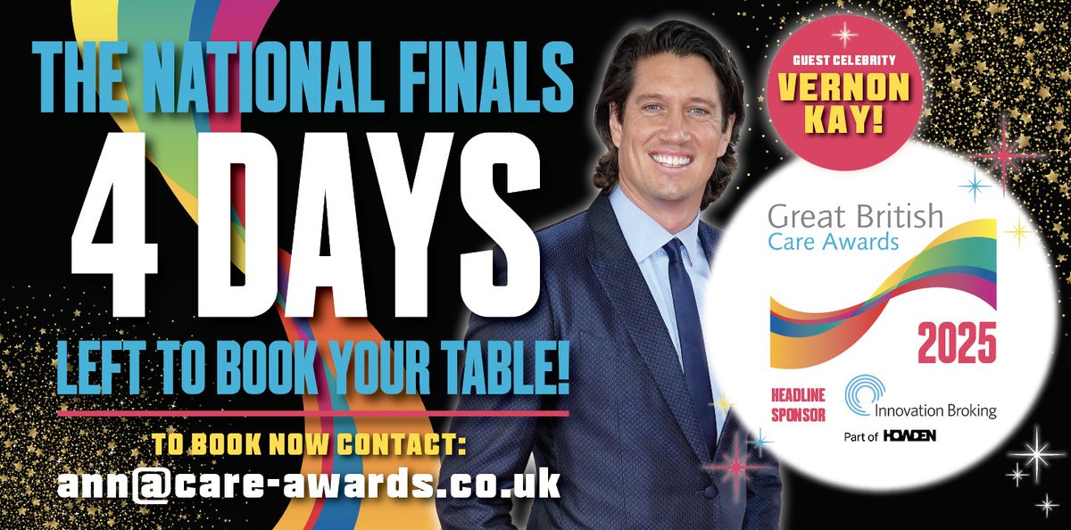 🌟 Only 4 Days Left! Final Call to Book! 🌟

The countdown is on for the Great British Care Awards! 🎉 Don’t miss this unforgettable night, co-hosted by Vernon Kay &amp; Steve Walls! 🎤✨

🗓️ Date: 14th March 2025
📍 Location: The ICC Birmingham
With just 4 days to go, tables are
