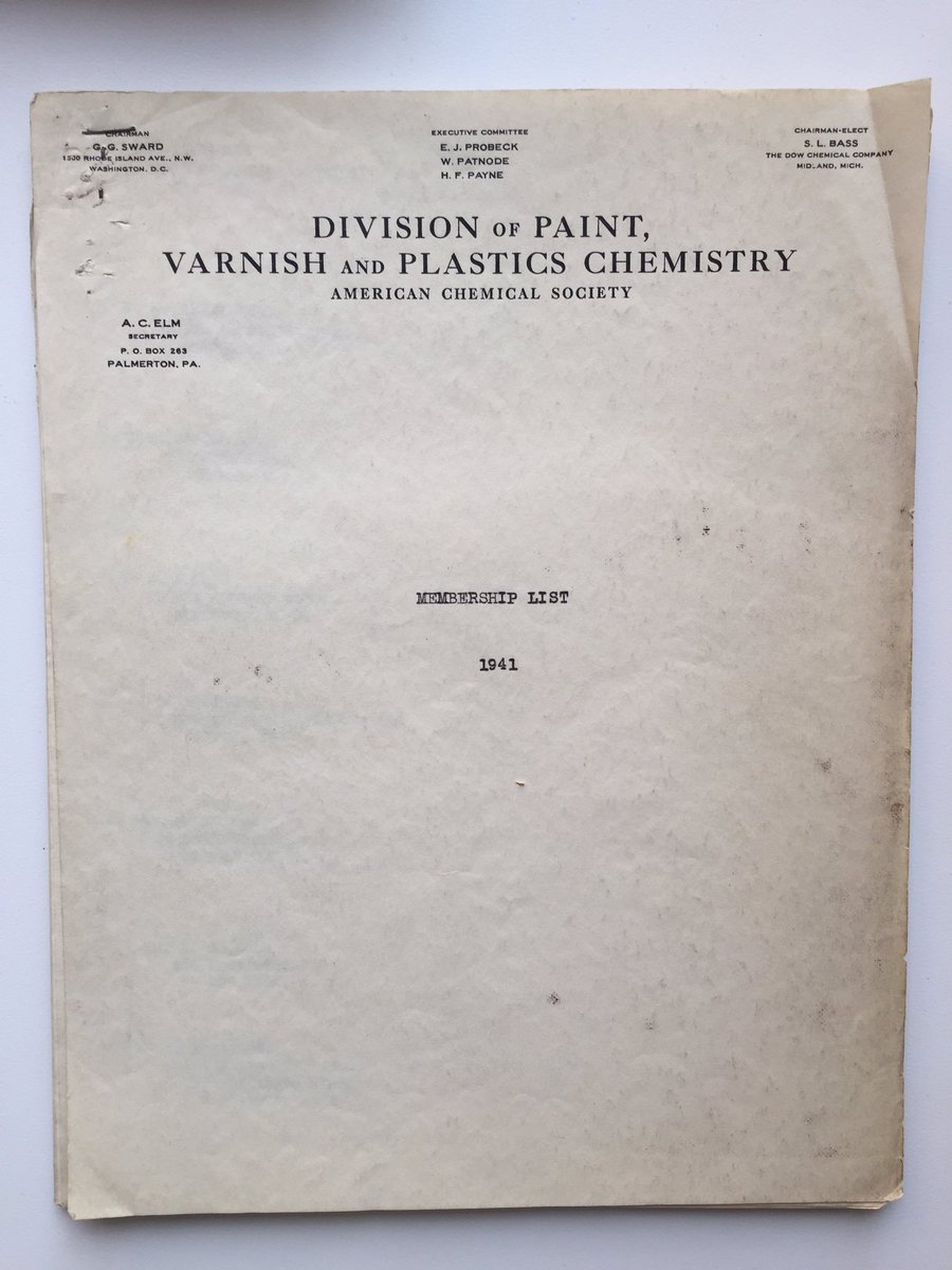 Lisa Baugh (@lisasbaugh) on Twitter photo PMSE History, Week 4: Last year, <a href="/acspmse/">ACS PMSE Division</a> received a phenomenal donation of valuable papers from Past Chair Frank Jones. Included was this gem - our 1941 membership roster. Just imagine, some of the scientists listed in here were probably born in the 1880s - maybe even the 1870s. PMSE History, Week 4: Last year, <a href="/acspmse/">ACS PMSE Division</a> received a phenomenal donation of valuable papers from Past Chair Frank Jones. Included was this gem - our 1941 membership roster. Just imagine, some of the scientists listed in here were probably born in the 1880s - maybe even the 1870s.
