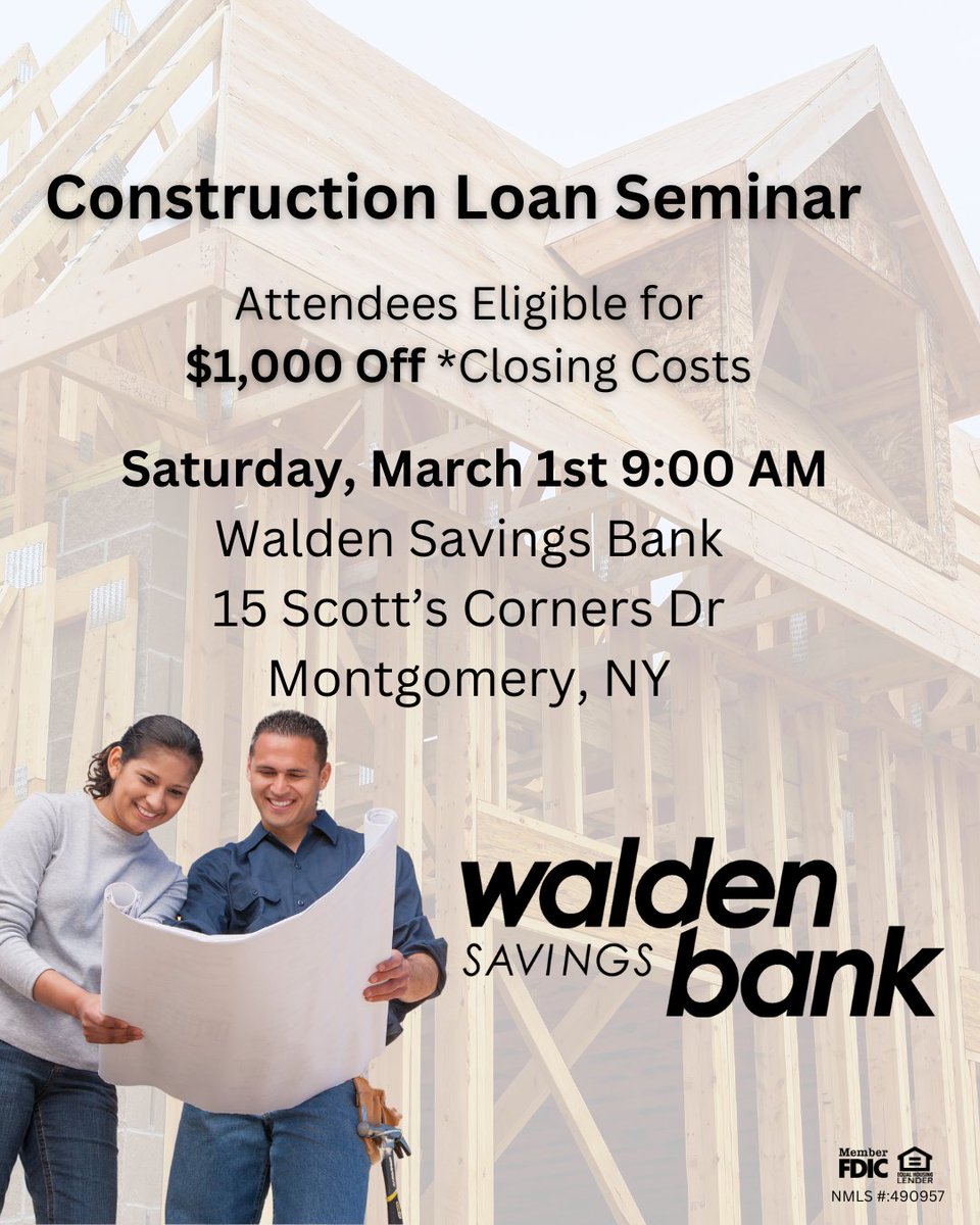 Join us Saturday, March 1, 2025 for our next Construction Loan Seminar! 
Attendees will be eligible for $1,000 Off of Closing Costs!* Space is limited, reserve your place today!
Learn More: bit.ly/3Qdnn8Y