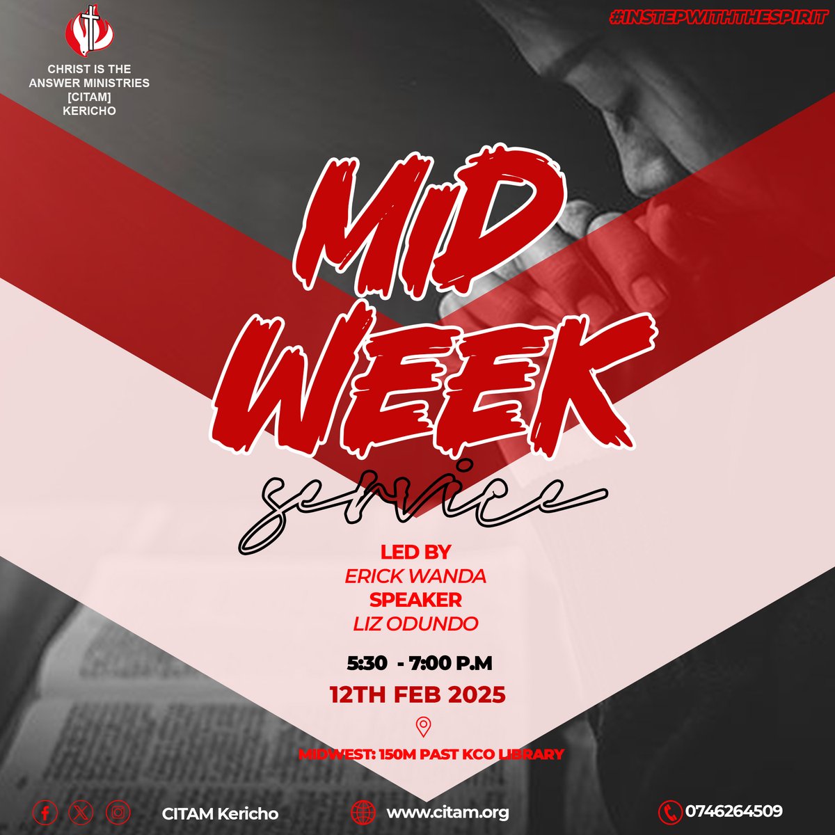 Welcome to our mid week service happening tomorrow from 5:30 P.M to 7 P.M. Shalom!
#citamkericho
#InStepWithTheSpirit