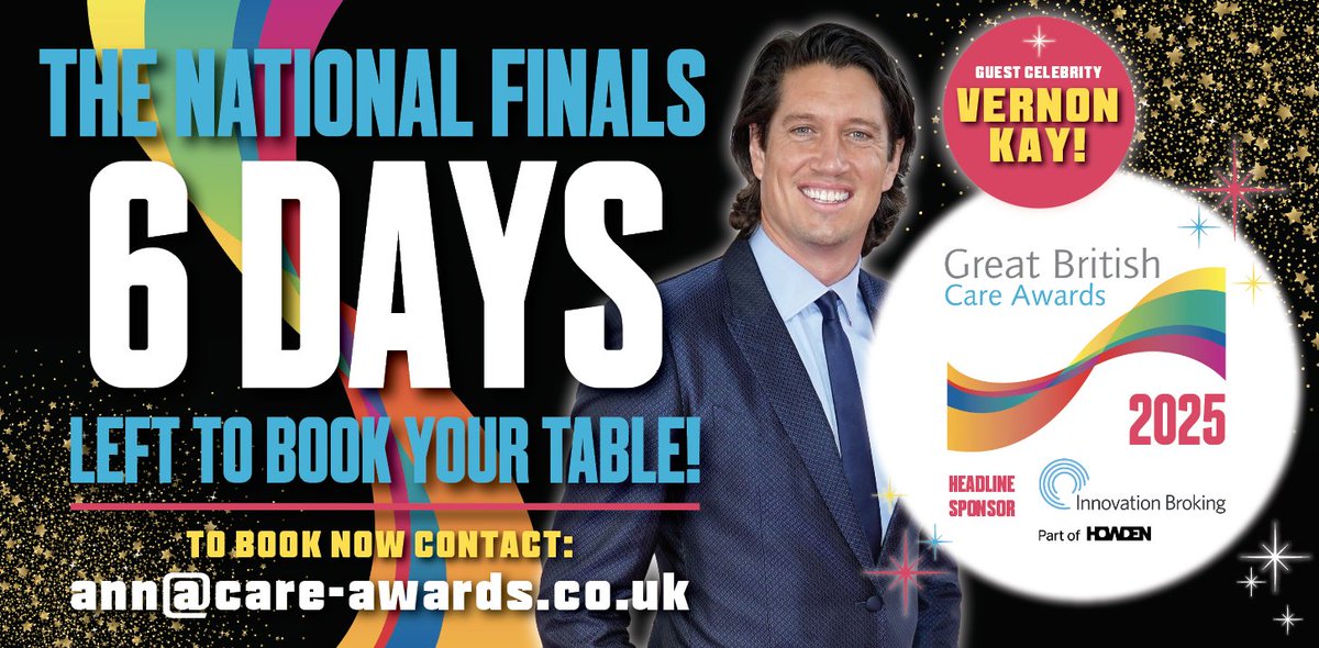 🌟 Only 6 Days Left to Book! Time is Running Out! 🌟

Join us for an unforgettable night at the Great British Care Awards, co-hosted by Vernon Kay &amp; Steve Walls! 🎤✨

🗓️ Date: 14th March 2025
📍 Location: The ICC Birmingham

Tables are filling fast! Don’t miss your chance to