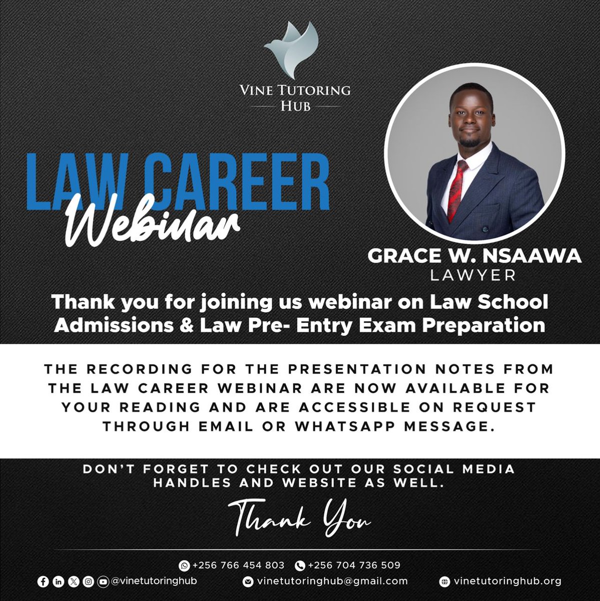 VineTutoringHub's tweet photo. Dear participant,
Thank you for joining our Legal Career Webinar with Mr. Grace Waiswa Nsaawa! 🎓 Due to technical issues, the recording is delayed, but presentation notes are available. 📖✨
Request a copy:
📧 vinetutoringhub@gmail.com | 📞 +256 766 454 803

#VineTutoringHub https://t.co/L1p8uLDpjt