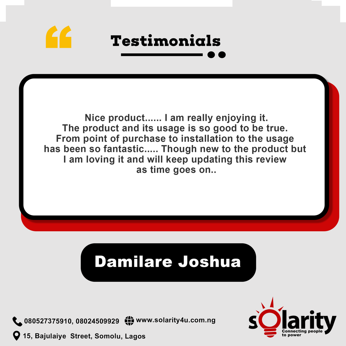 solarity4u's tweet image. Here is an Honest feedback from a satisfied Customer, We try our best to give you top notch services at all time.

#solar #solarity #batteries #inverter #gosolar #customerreviews #solarenergy #renewableenergy #SolarcompanyinLagos #customerfeedback