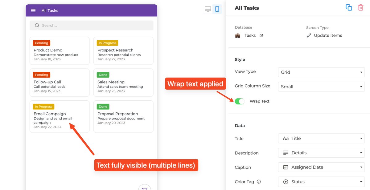 NotionApps now supports text wrapping on list screens.  This allows you to display more information so you don’t need to click on a particular cell to see its details.

More features are incoming in the next few months so you can build customizable apps from <a href="/NotionHQ/">Notion</a> databases.