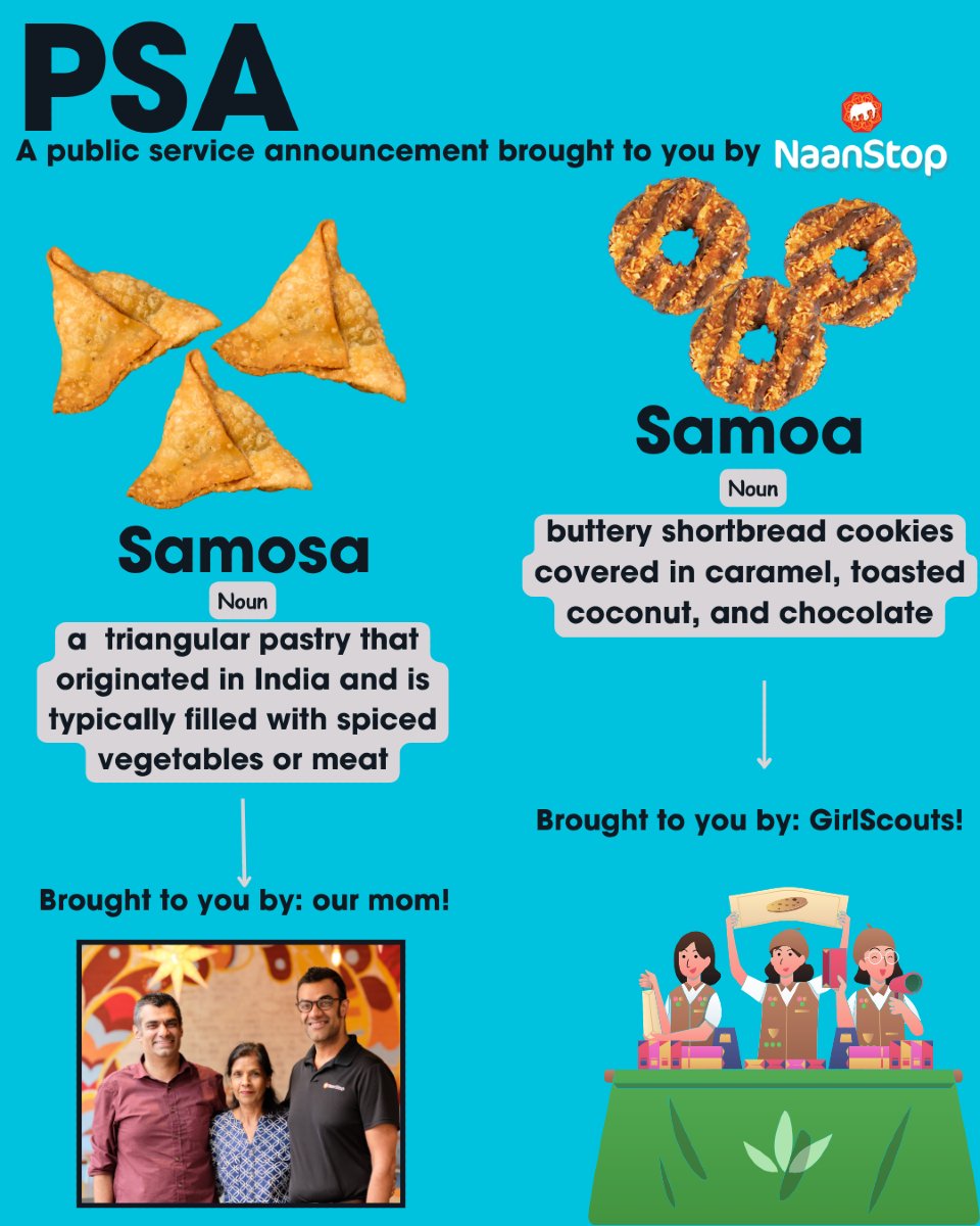 PSA: Samoas and Samosas are not the same thing 🤣 but they are both delicious! 

#samosa #samoas #girlscoutcookies #girlscouts #indianfood #atlantaindian #samoaorsamosa #cookies #naanstop #cheatsheet