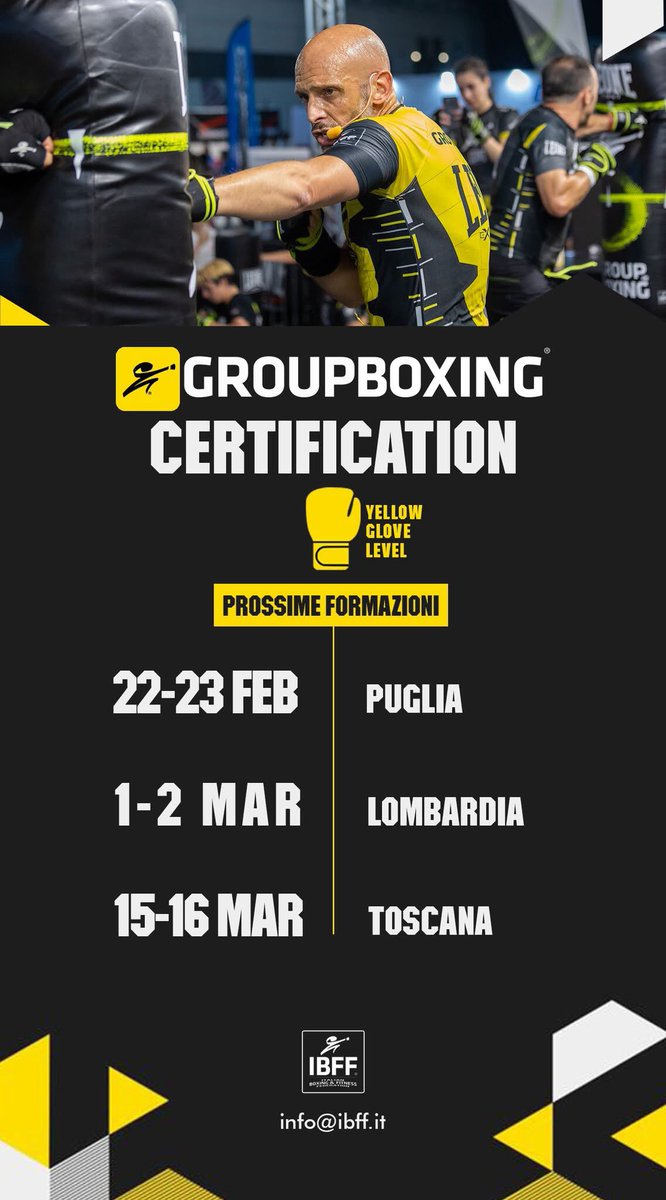 ibffofficial's tweet image. I nuovi appuntamenti con la Formazione Groupboxing di IBFF ti aspettano 🫵🏻
Scegli la Sede più vicina a te ed entra a far parte dell’ Accademia di Fitboxe n’1 in Italia! 
info@ibff.it 

#Italy  #Fitboxe #BasicCertification #Instructor #Fitness