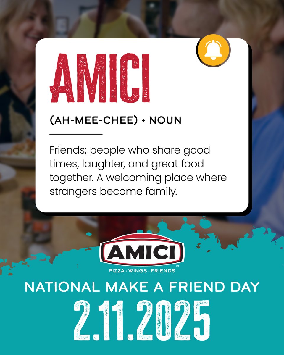 amicihq2018's tweet photo. Happy #NationalMakeAFriendDay! 🍕💛

‘Amici’ means ‘friends,’ and there’s no better way to celebrate than sharing great food and even better company. Tag a friend you’d love to grab a slice with! 🍽️✨

 #Amici #FriendsAndFlavor #Friends #PizzaWings #MakeAFriendDay https://t.co/RxBY2MaBnt