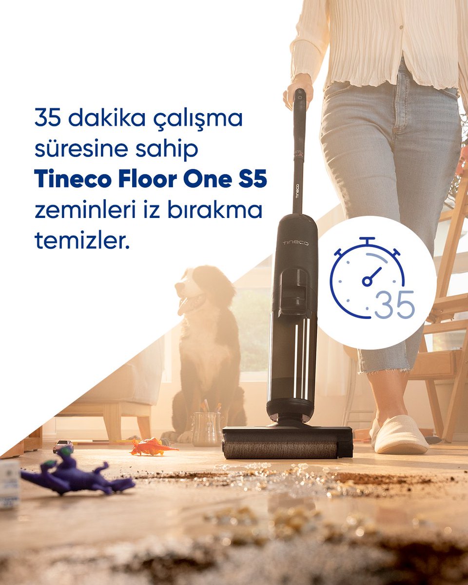 Telefonun şarjı biter; TikTok'ta gezinmen ve reels'ları kaydırman yarım kalır. Sosyal pilin biter; sohbetlerin yarım kalır ama 35 dakika çalışma süresine sahip Tineco Floor One S5 temizliğin sonuna kadar dayanır, temizliğin yarım kalmaz. 🕙

Yarım kalan temizliklerden bıktıysan