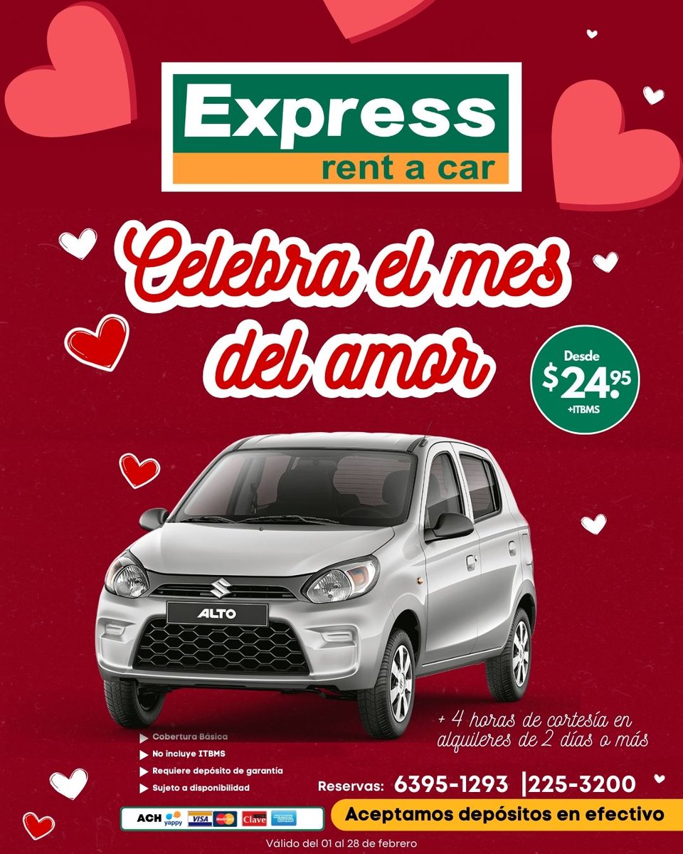 Expressrentpma's tweet photo. 💖 Alquila un Suzuki Alto desde solo $24.95 +ITBMS y recibe 4 HORAS DE CORTESÍA en alquileres de 2 días o más. ¡

✅Cobertura básica
✅ Sujeto a disponibilidad

📲 Reserva ahora: 6395-1293 | 225-3200
#ExpressRentACar #AlquilerDeAutos #AlquilerDeAutosEnPanama https://t.co/rip05r2GP1