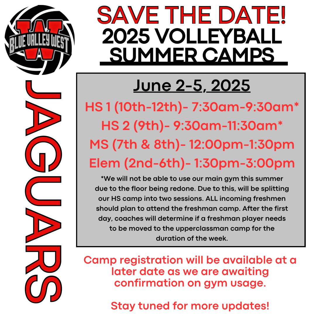 Hey Jags! Save the date for summer camp‼️

Due to some work being done in our main gym this summer, it will not be available for camp. We are awaiting confirmation on being able to use our new Aux gym, so we are not able to start accepting registration.