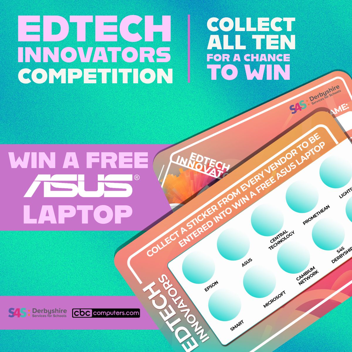cbccomputers's tweet image. EdTech Innovators Event – February 13th!  

Get ready to collect &amp;amp; win! Complete your sticker card, and you’ll be entered into a competition to WIN a free ASUS laptop! 

Theres still time to sign up for free today! - buff.ly/4fOe9du 

#EdTechInnovators #EdTechEvent #ASUS